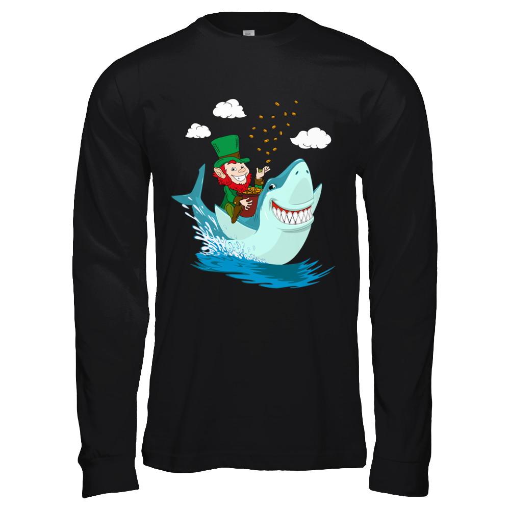 St Patricks Day Leprechaun Riding Shark-T-Shirt & Hoodie-Long Sleeve T-Shirt-Black