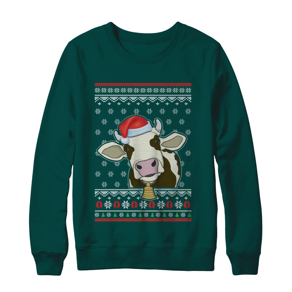 Pajamas Cow With Santa Hat Ugly Christmas Sweater-T-Shirt & Sweatshirt-Crewneck Sweatshirt-Deep Forest