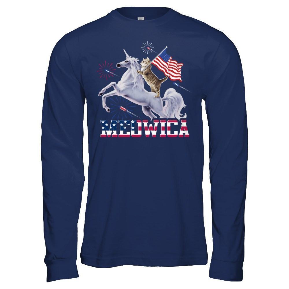 Meowica 4Th Of July Funny Cat On Unicorn Independence-T-Shirt & Hoodie-Long Sleeve T-Shirt-Navy