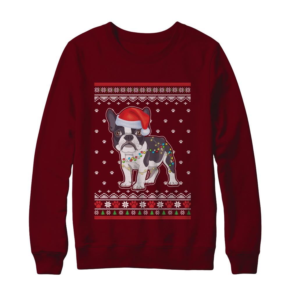 Bulldog Christmas Ugly Sweater Lights Dog Xmas Gift-T-Shirt & Sweatshirt-Crewneck Sweatshirt-Maroon