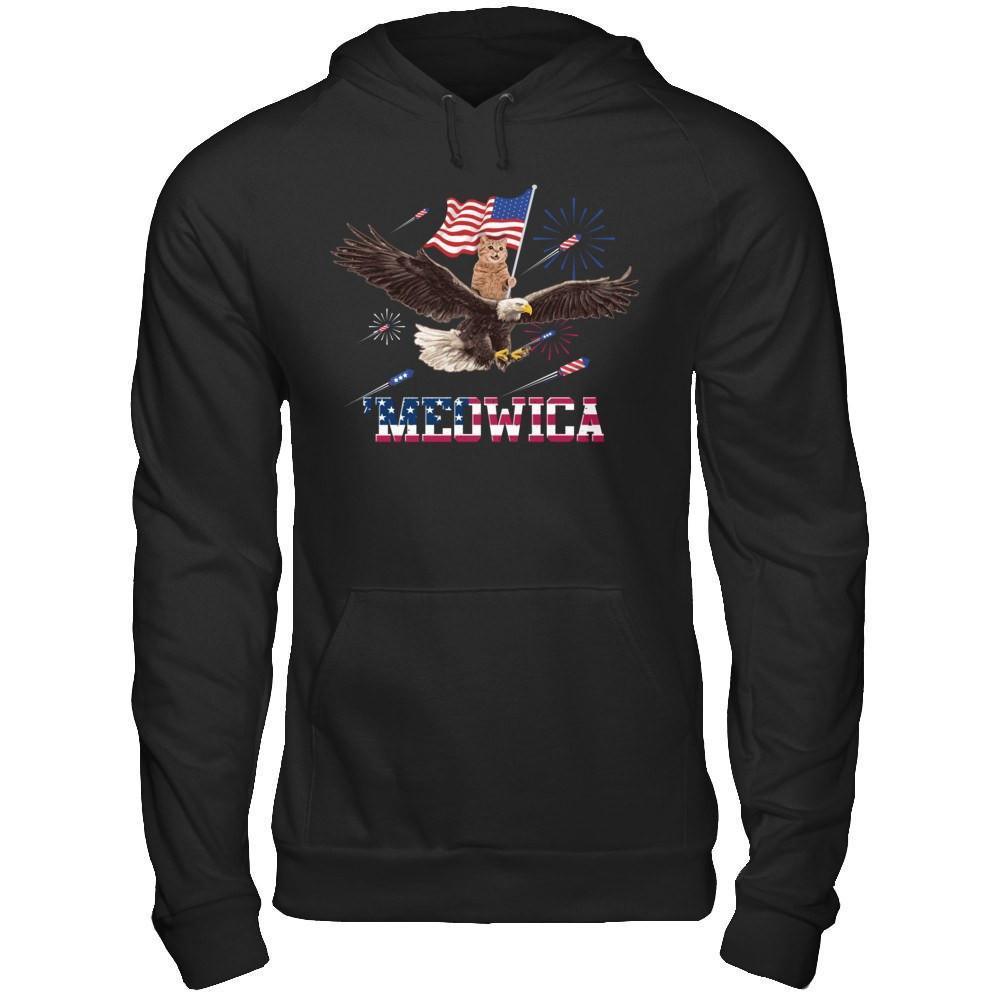 Meowica July 4Th Funny Cat On Eagle Independence Day-T-Shirt & Hoodie-Pullover Hoodie-Black