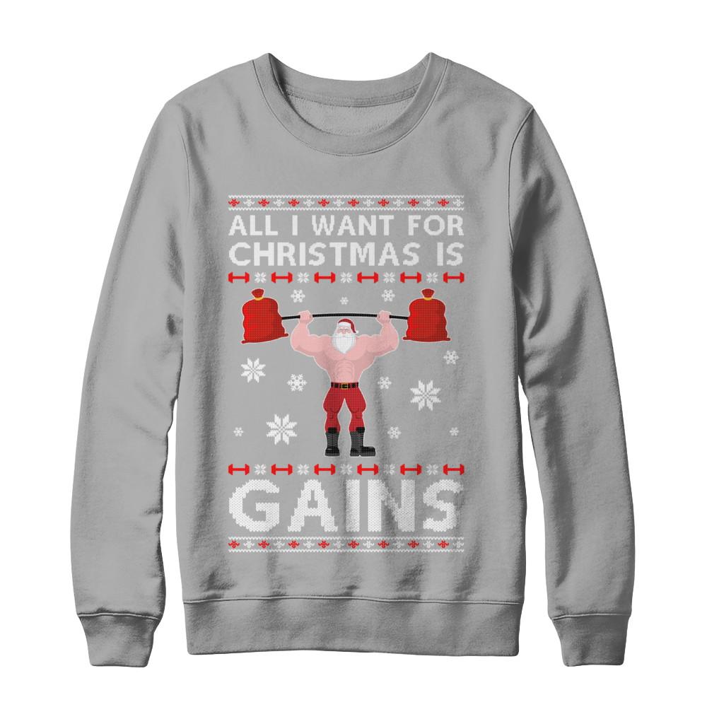 All I Want For Christmas Is Gains Fitness Gym Ugly Sweater-T-Shirt & Sweatshirt-Crewneck Sweatshirt-Light Steel