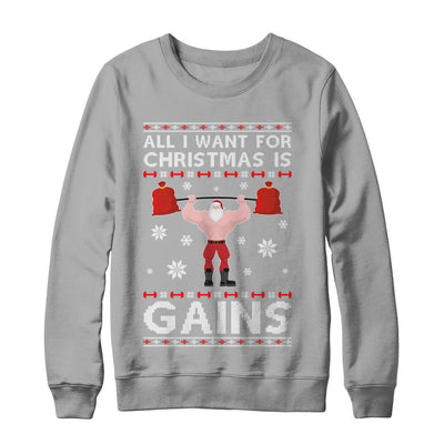 All I Want For Christmas Is Gains Fitness Gym Ugly Sweater-T-Shirt & Sweatshirt-Crewneck Sweatshirt-Light Steel