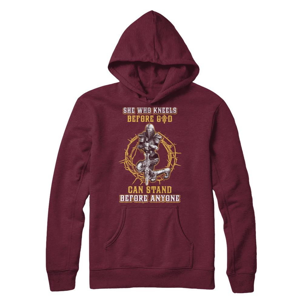 Knight American She Who Kneels Before God Can Stand Before Anyone-T-Shirt & Hoodie-Pullover Hoodie-Maroon