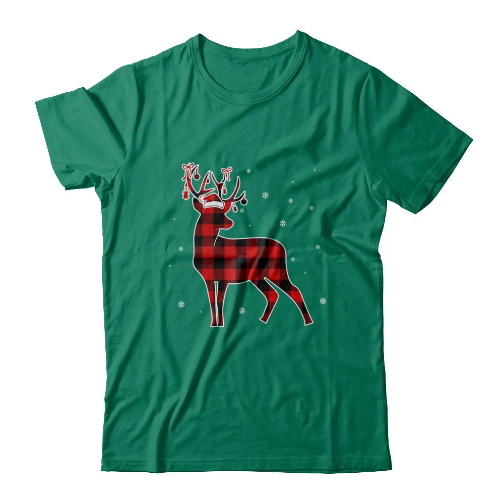 Red Plaid Deer Santa Hat Christmas Buffalo Plaid-T-Shirt & Sweatshirt-Classic T-Shirt-Kelly Green
