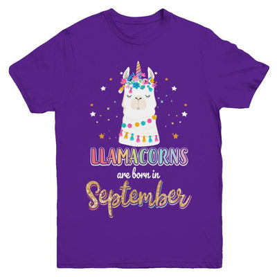 Llama Unicorn Llamacorns Born In September Birthday Gift Youth-Youth Shirt-Youth T-Shirt-Purple