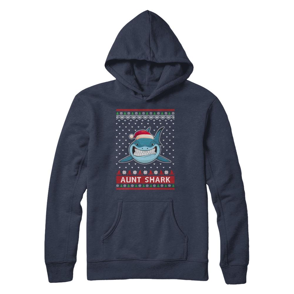 Santa Hat Aunt Shark Ugly Christmas Sweater-T-Shirt & Sweatshirt-Pullover Hoodie-Navy