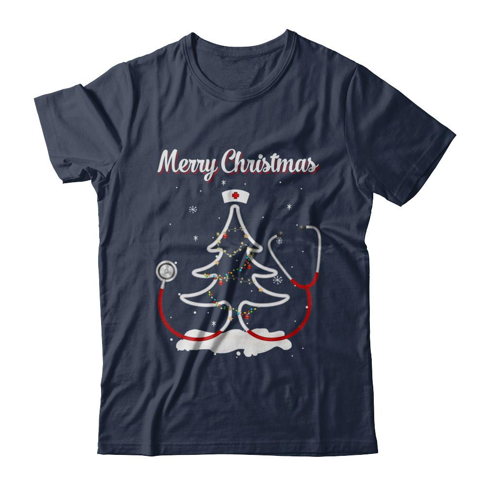Merry Christmas Stethoscope Nurse Christmas Tree Xmas-T-Shirt & Sweatshirt-Classic T-Shirt-Navy