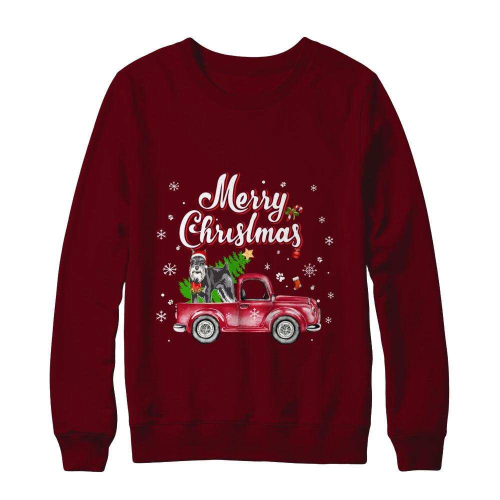 Schnauzer Retriever Rides Red Truck Christmas Pajama-T-Shirt & Sweatshirt-Crewneck Sweatshirt-Maroon