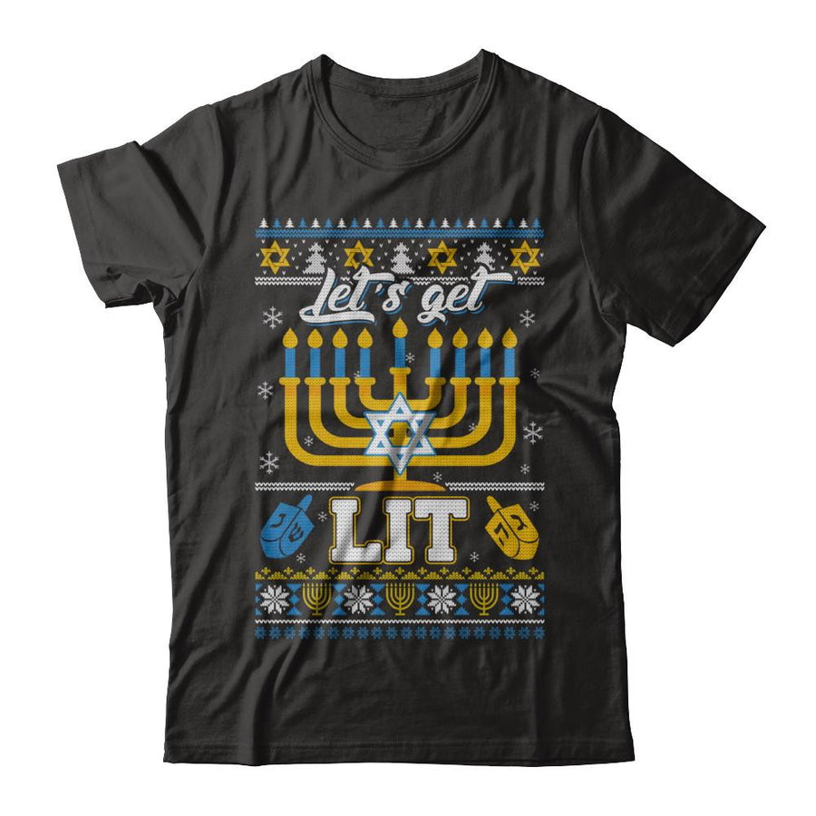 Funny Happy Hanukkah Chanukah Let's Get Lit Ugly Sweater-T-Shirt & Sweatshirt-Premium T-Shirt-Black