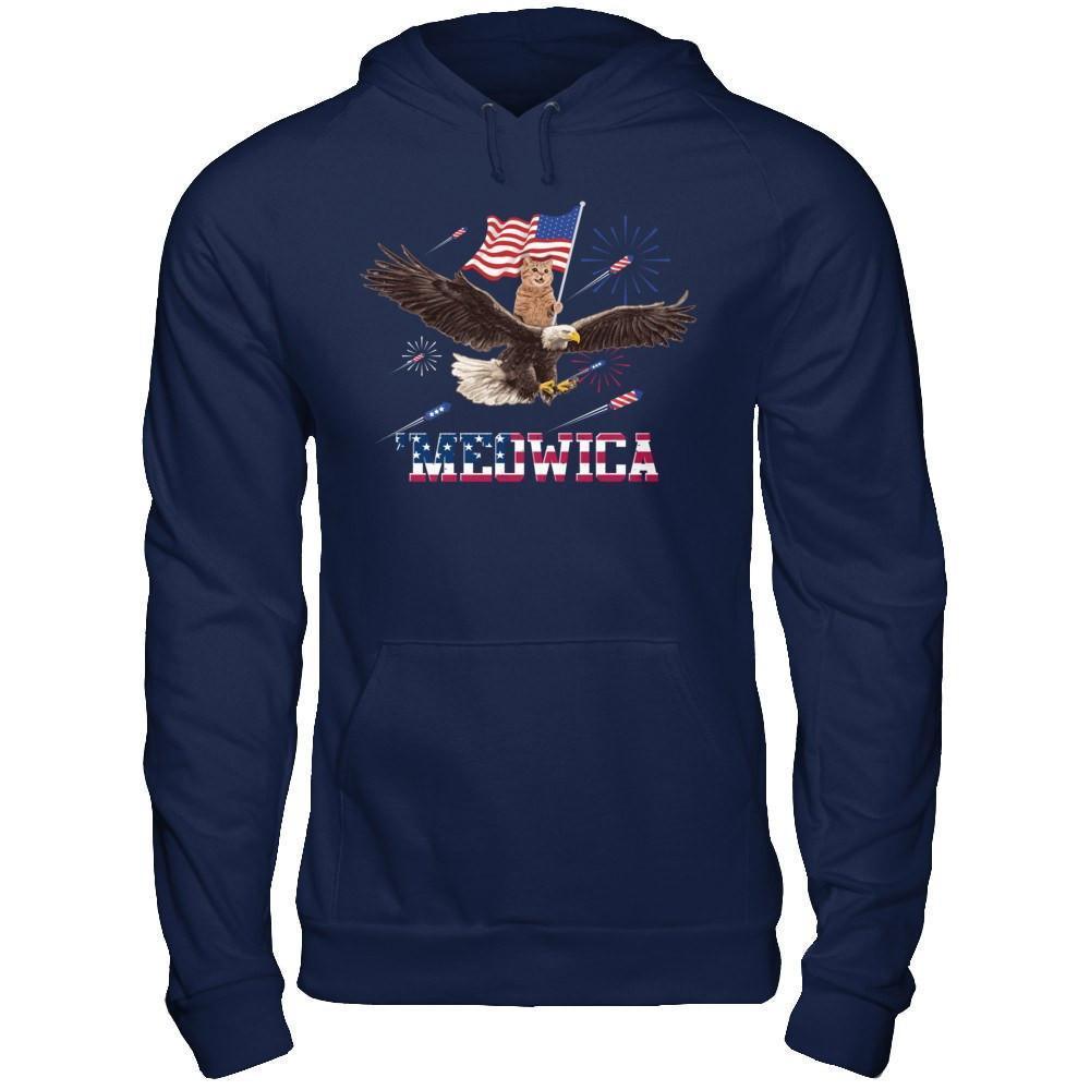 Meowica July 4Th Funny Cat On Eagle Independence Day-T-Shirt & Hoodie-Pullover Hoodie-Navy