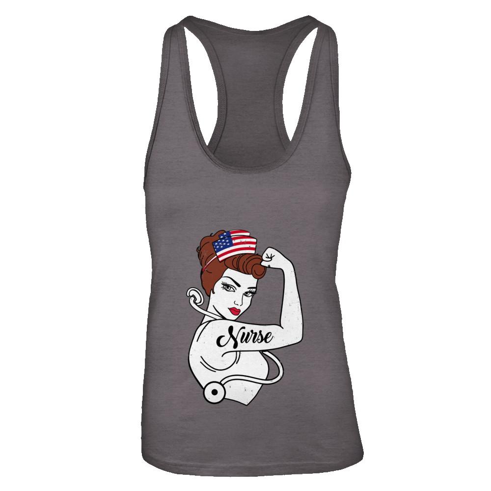 Nurse Vet Strong Woman American Flag Nursing 4Th Of July-T-Shirt & Tank Top-Women's Ideal Racerback Tank-Dark Grey