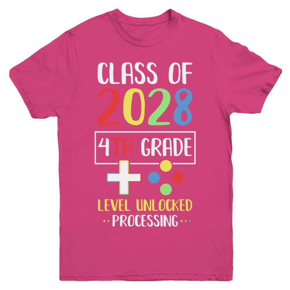 Class Of 2028 4th Grade Level Unlock Gaming Back Go School Youth-Youth Shirt-Youth T-Shirt-Heliconia