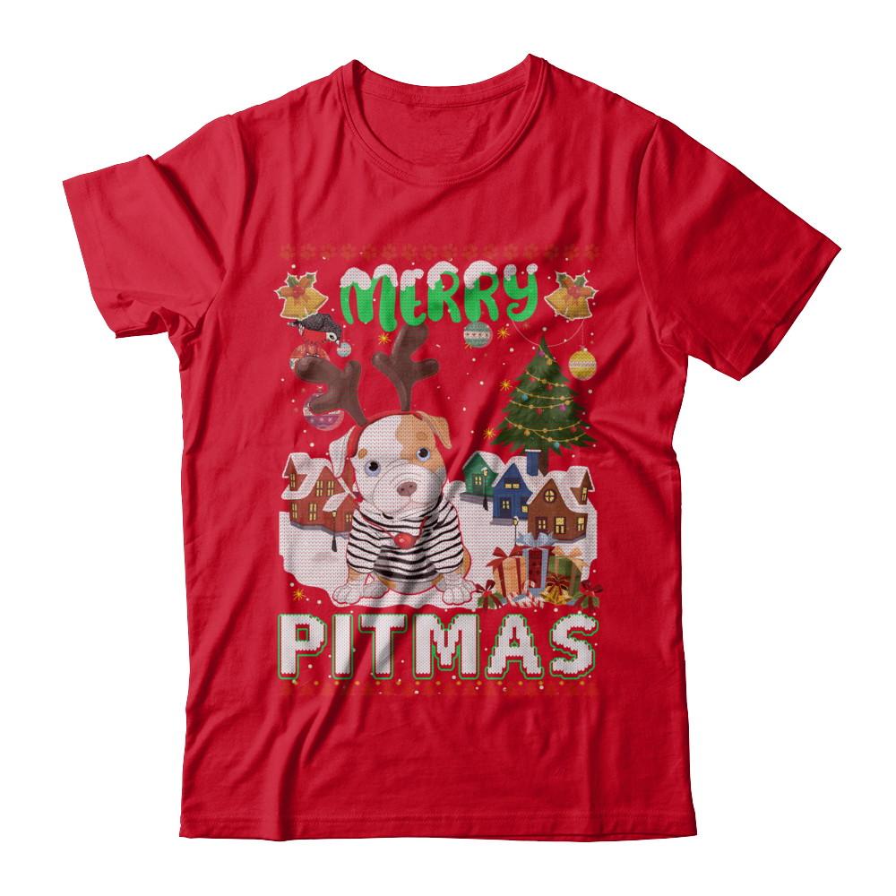 Cute Pitbull Christmas Merry Pigmas Ugly Sweater Christmas-T-Shirt & Sweatshirt-Premium T-Shirt-Red