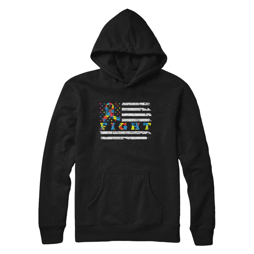 Fight Autism Ribbon US Flag Autism Awareness-T-Shirt & Hoodie-Pullover Hoodie-Black
