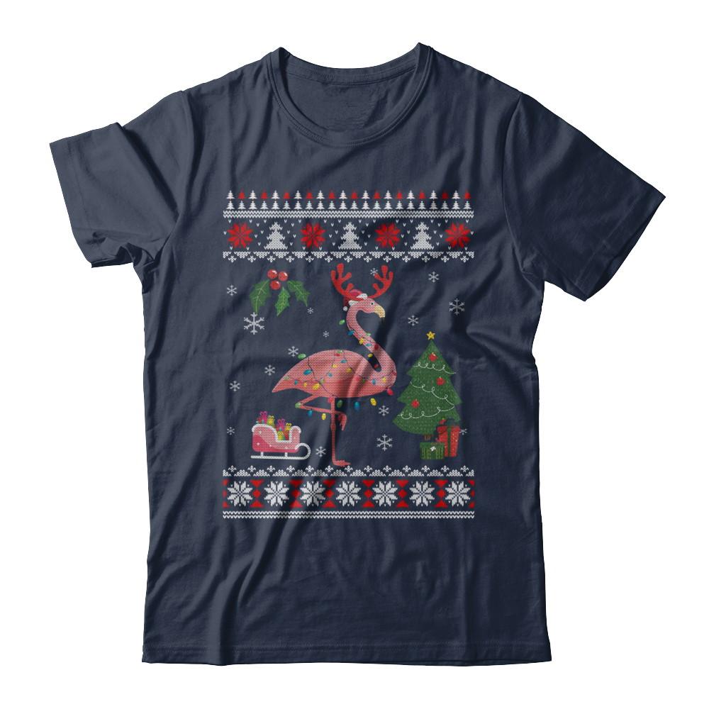Santa Hat Flamingo Reindeer Ugly Christmas Sweater-T-Shirt & Sweatshirt-Classic T-Shirt-Navy