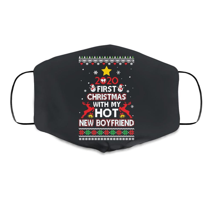 2020 First Christmas With My Hot New Boyfriend Ugly Sweater Cloth Face Mask-Cloth Face Mask-Cloth Face Mask-Black