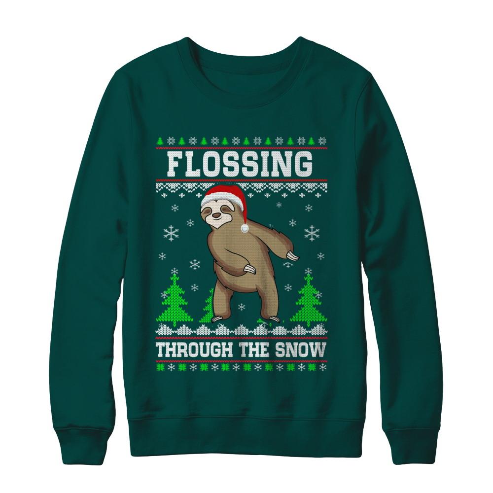 Funny Flossing Sloth Ugly Christmas Sweater Flossin'-T-Shirt & Sweatshirt-Crewneck Sweatshirt-Deep Forest