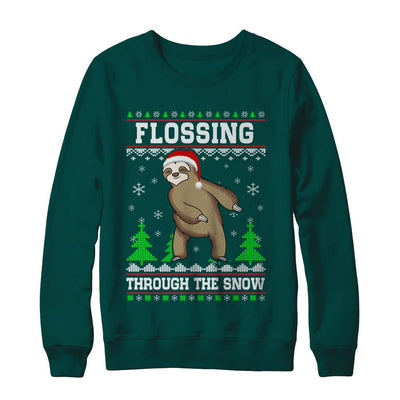 Funny Flossing Sloth Ugly Christmas Sweater Flossin'-T-Shirt & Sweatshirt-Crewneck Sweatshirt-Deep Forest