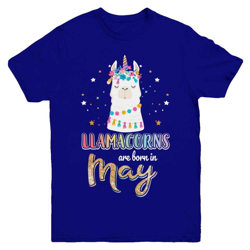 Llama Unicorn Llamacorns Born In May Birthday Gift Youth-Youth Shirt-Youth T-Shirt-Navy