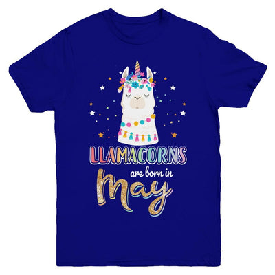 Llama Unicorn Llamacorns Born In May Birthday Gift Youth-Youth Shirt-Youth T-Shirt-Navy