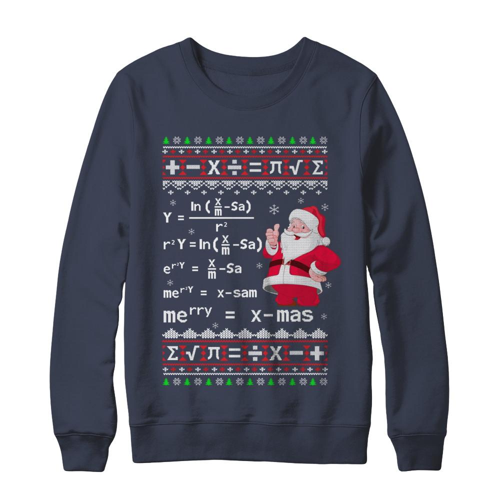 Funny Merry Xmas In Math Ugly Christmas Sweater-T-Shirt & Sweatshirt-Crewneck Sweatshirt-Navy
