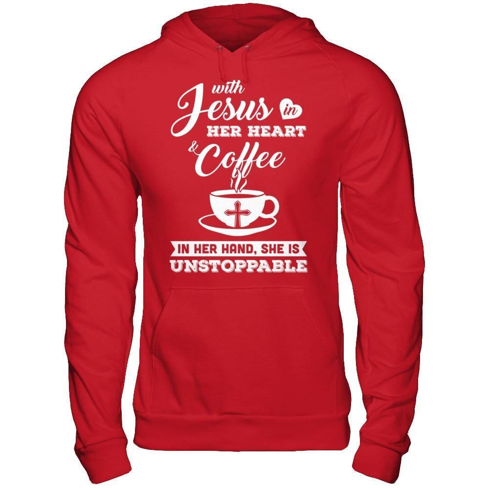 With Jesus In Her Heart And Coffee In Her Hand-T-Shirt & Hoodie-Pullover Hoodie-Red
