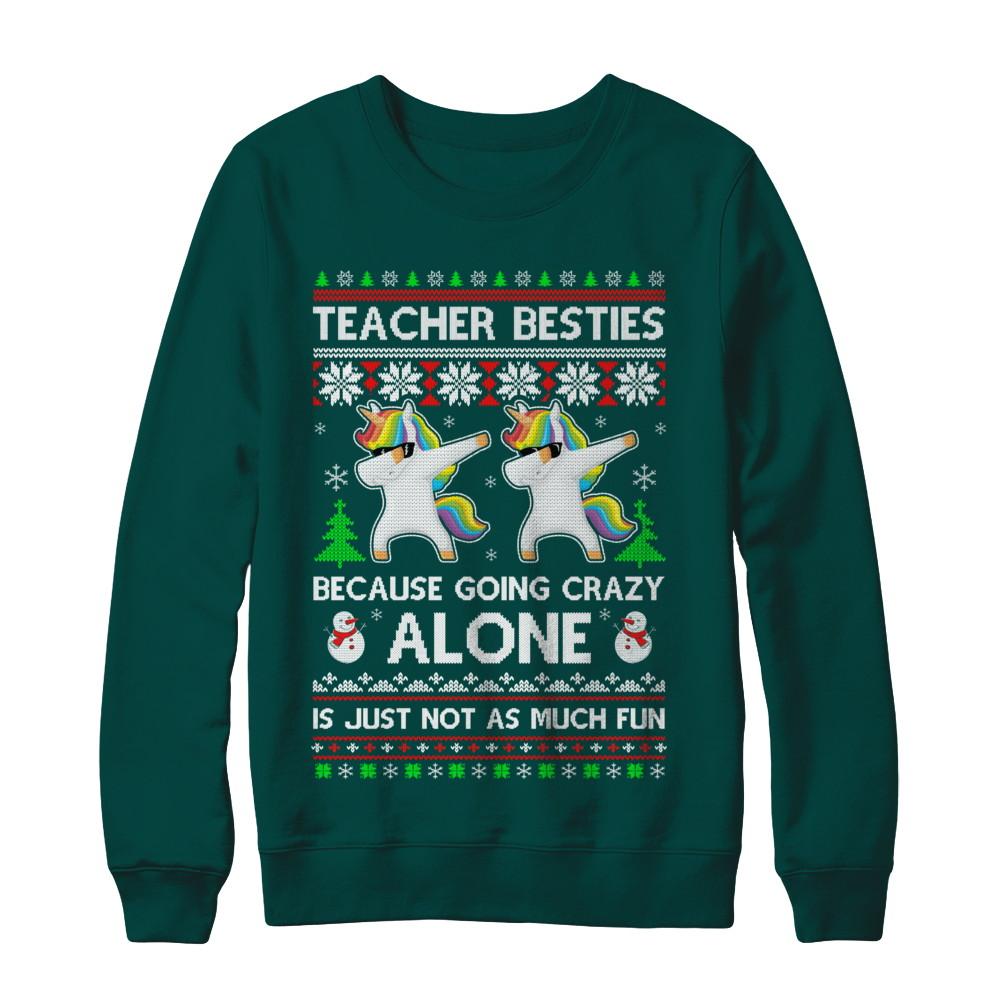Unicorn Dabbing Teacher Besties Ugly Christmas Sweater-T-Shirt & Sweatshirt-Crewneck Sweatshirt-Deep Forest