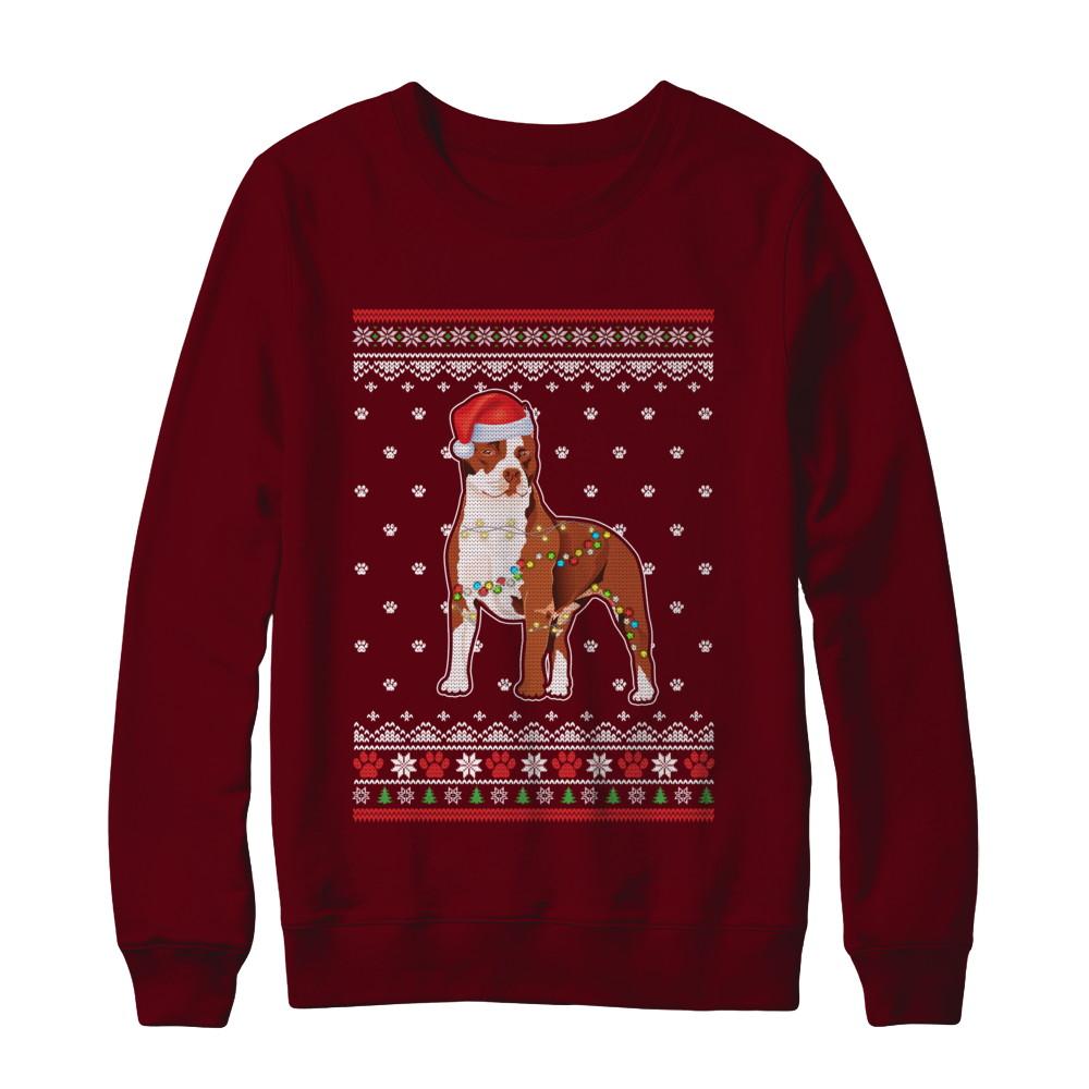 Pitbull Christmas Ugly Sweater Lights Dog Xmas Gift-T-Shirt & Sweatshirt-Crewneck Sweatshirt-Maroon