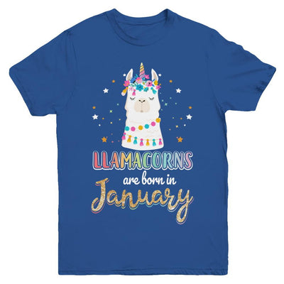 Llama Unicorn Llamacorns Born In January Birthday Gift Youth-Youth Shirt-Youth T-Shirt-Royal