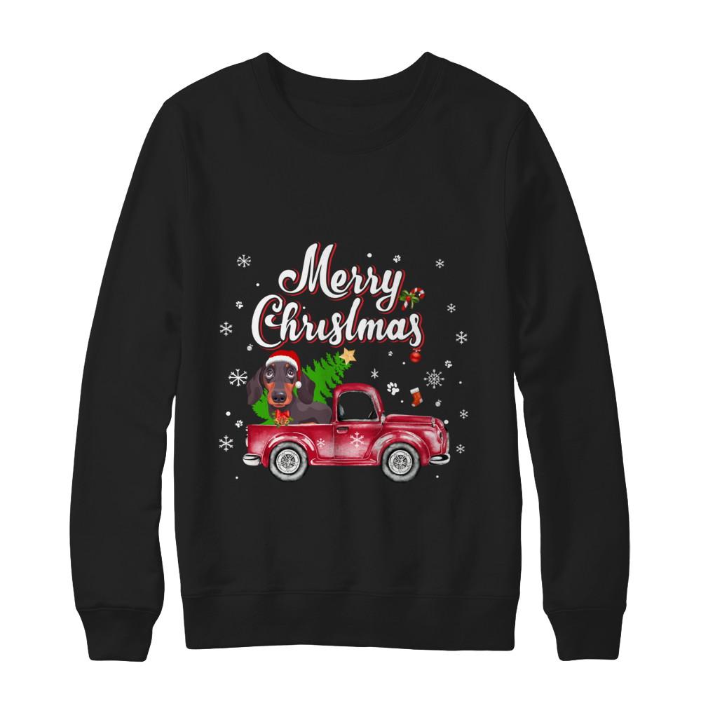Dachshund Retriever Rides Red Truck Christmas Pajama-T-Shirt & Sweatshirt-Crewneck Sweatshirt-Black