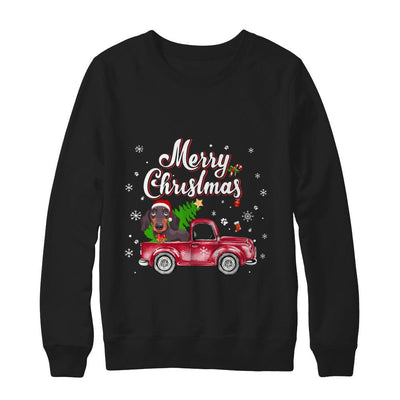 Dachshund Retriever Rides Red Truck Christmas Pajama-T-Shirt & Sweatshirt-Crewneck Sweatshirt-Black