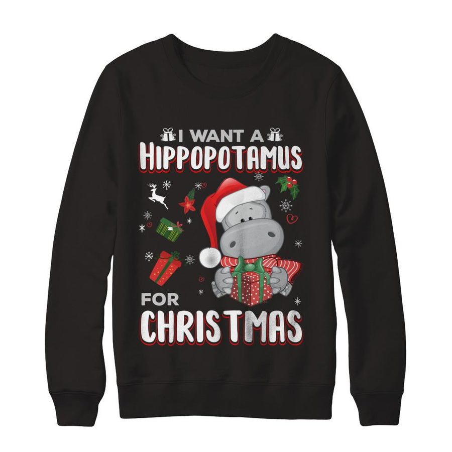 I Want A Hippopotamus For Christmas Hippo-T-Shirt & Sweatshirt-Crewneck Sweatshirt-Black