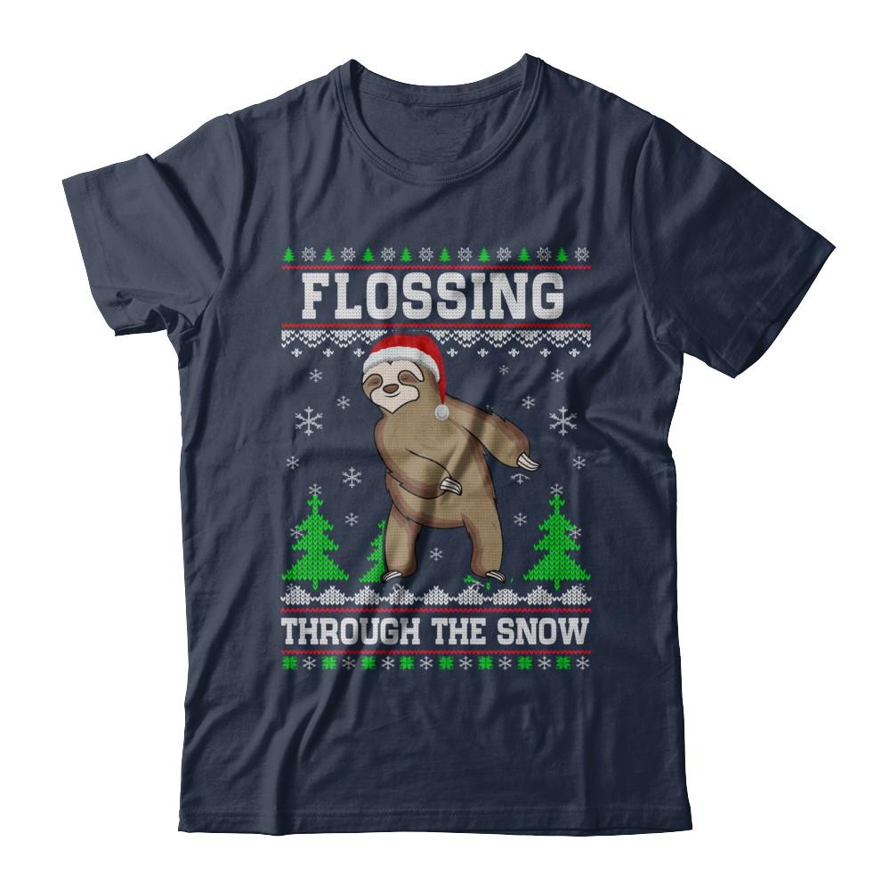 Funny Flossing Sloth Ugly Christmas Sweater Flossin'-T-Shirt & Sweatshirt-Classic T-Shirt-Navy