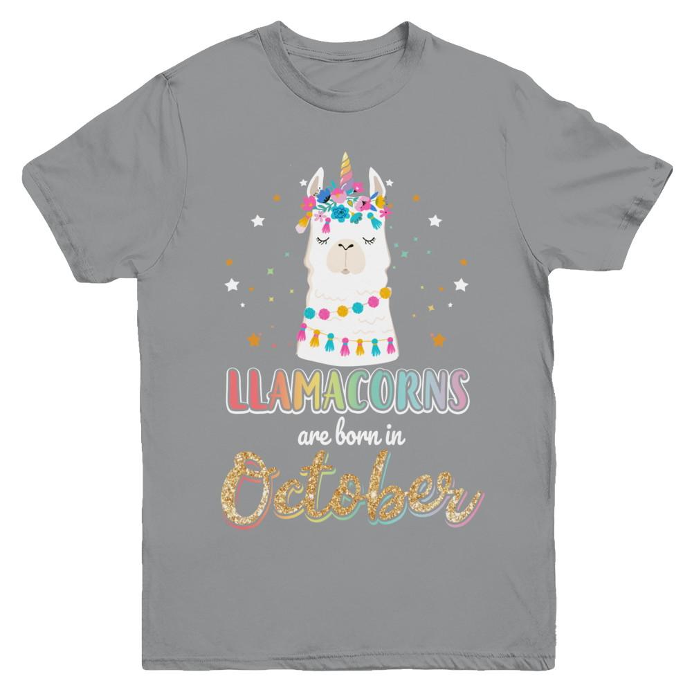 Llama Unicorn Llamacorns Born In October Birthday Gift Youth-Youth Shirt-Youth T-Shirt-Sport Grey