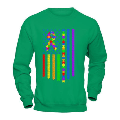 Autism Awarenes American Flag-T-Shirt & Hoodie-Crewneck Sweatshirt-Irish Green