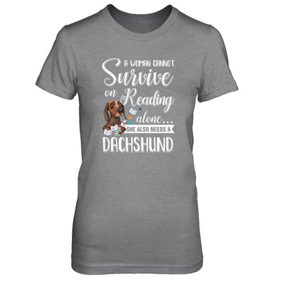 A Woman Cannot Survive On Reading Alone Dachshund-T-Shirt & Tank Top-Women's T-Shirt-Sport Grey