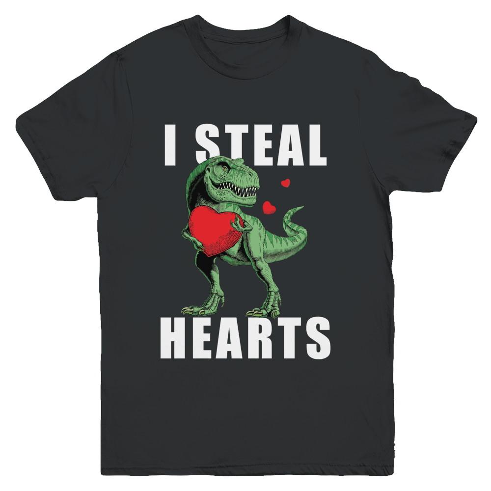 I Steal Hearts Funny Valentines Day Dinosaur T-Rex Boys Youth-Youth Shirt-Youth T-Shirt-Black