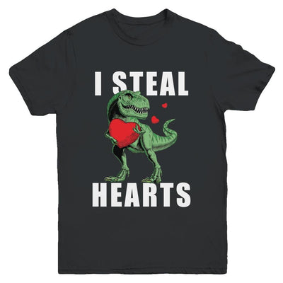 I Steal Hearts Funny Valentines Day Dinosaur T-Rex Boys Youth-Youth Shirt-Youth T-Shirt-Black