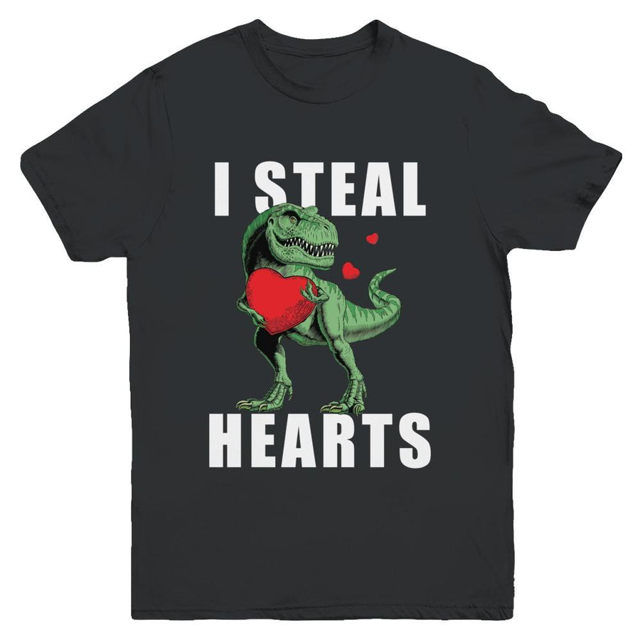 I Steal Hearts Funny Valentines Day Dinosaur T-Rex Boys Youth-Youth Shirt-Youth T-Shirt-Black