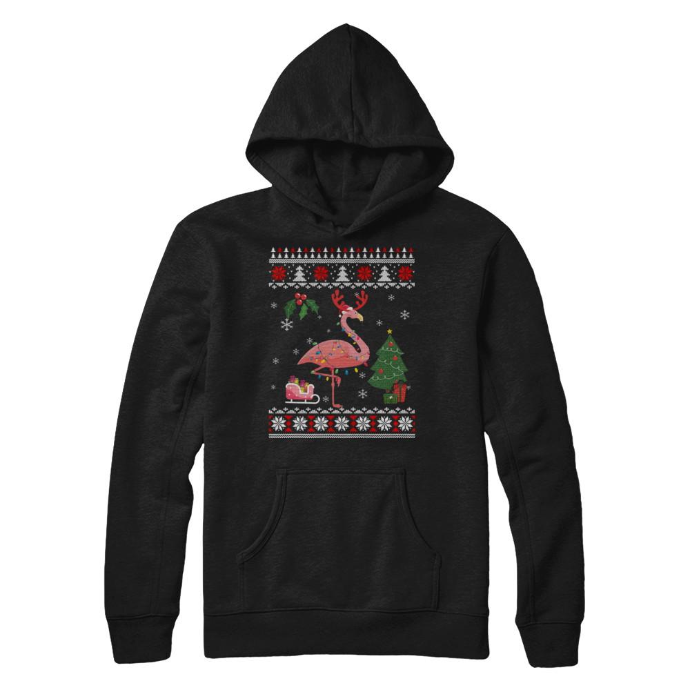 Santa Hat Flamingo Reindeer Ugly Christmas Sweater-T-Shirt & Sweatshirt-Pullover Hoodie-Black
