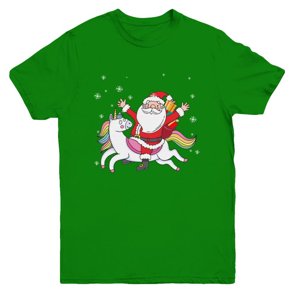 Santa Riding Unicorn Christmas Kids Girls Women Xmas Youth-Youth Shirt-Youth T-Shirt-Irish Green