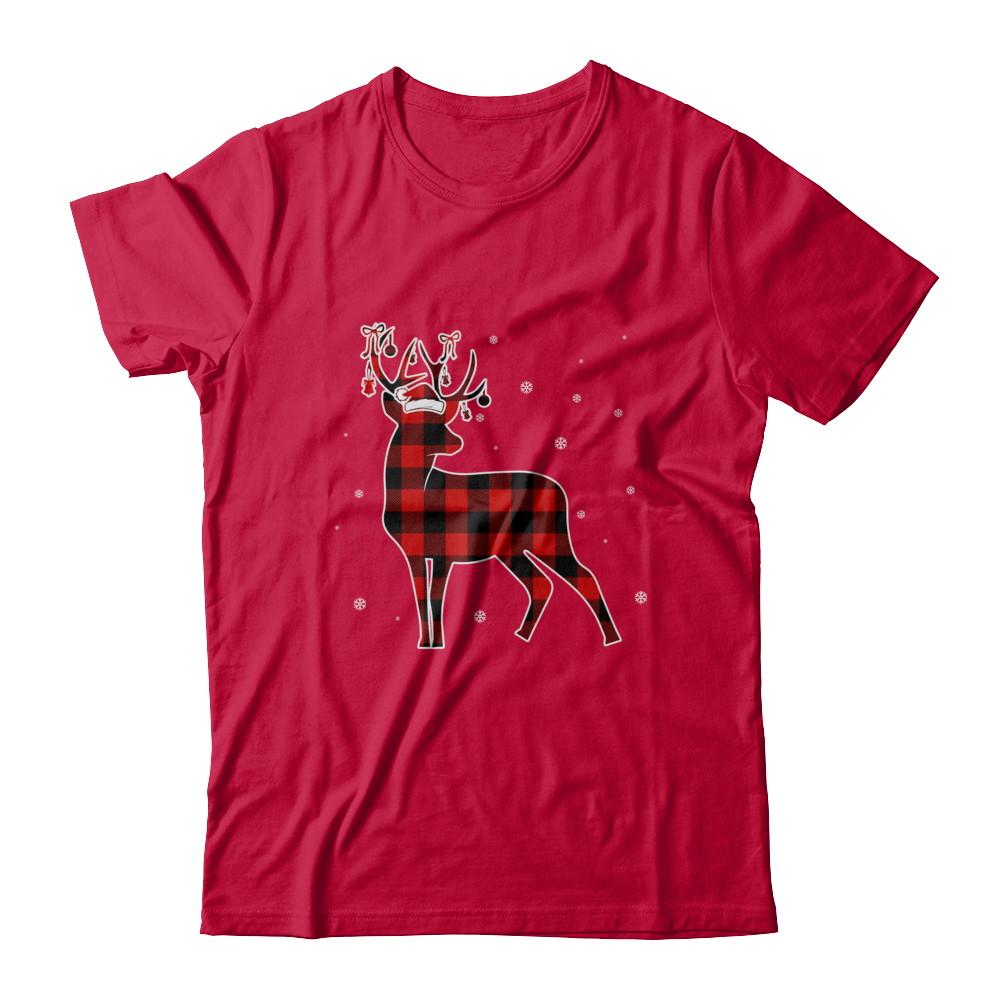 Red Plaid Deer Santa Hat Christmas Buffalo Plaid-T-Shirt & Sweatshirt-Classic T-Shirt-Red
