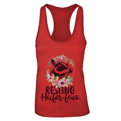 Funny Farmer Women Girl Cow Resting Heifer Face-T-Shirt & Tank Top-Women's Ideal Racerback Tank-Red