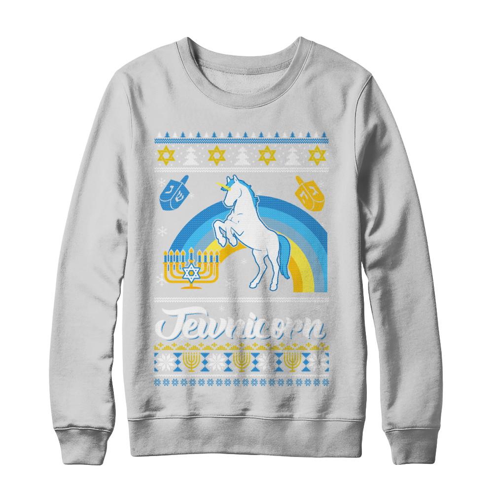Funny Ugly Hanukkah Sweater Unicorn Jewnicorn-T-Shirt & Sweatshirt-Crewneck Sweatshirt-White