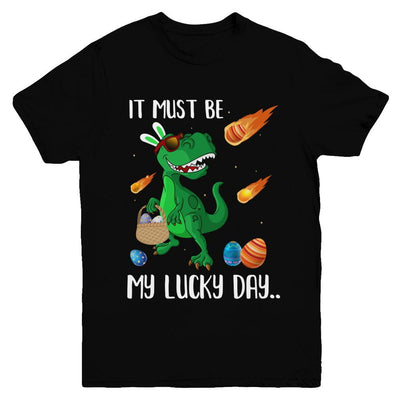 Funny Easter Bunny Dinosaur It Must Be My Lucky Day Youth-Youth Shirt-Youth T-Shirt-Black