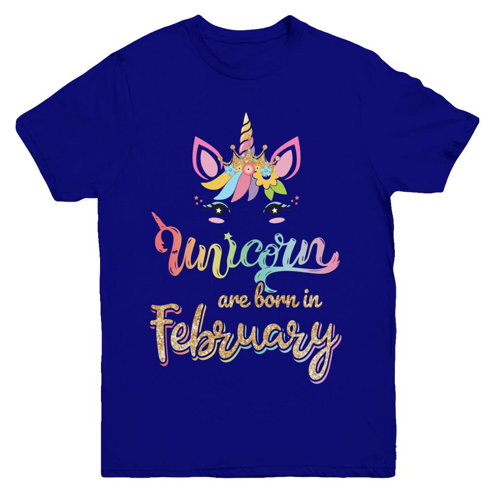 Cute Unicorns Are Born In February Birthday Gift Youth-Youth Shirt-Youth T-Shirt-Navy