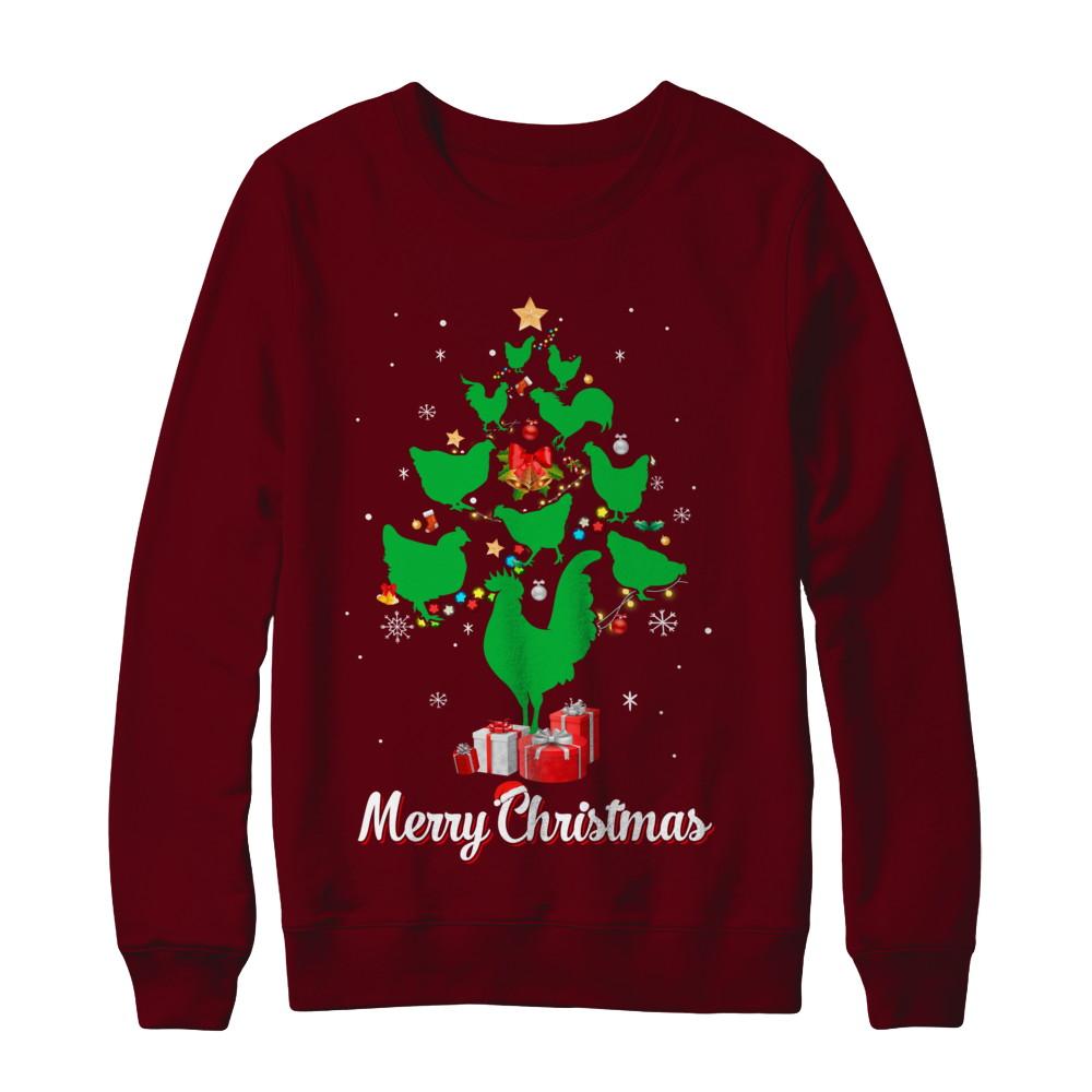 Funny Chicken Merry Christmas Tree Ugly Sweater-T-Shirt & Sweatshirt-Crewneck Sweatshirt-Maroon