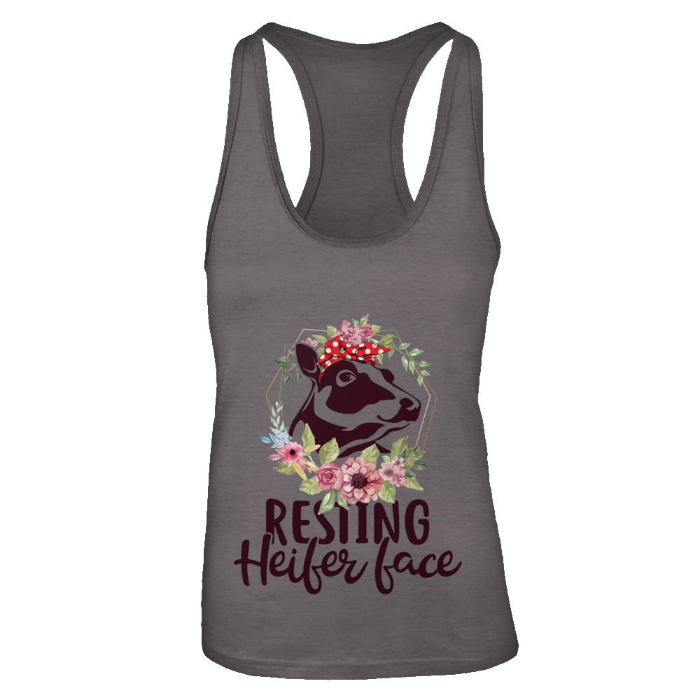 Funny Farmer Women Girl Cow Resting Heifer Face-T-Shirt & Tank Top-Women's Ideal Racerback Tank-Dark Grey