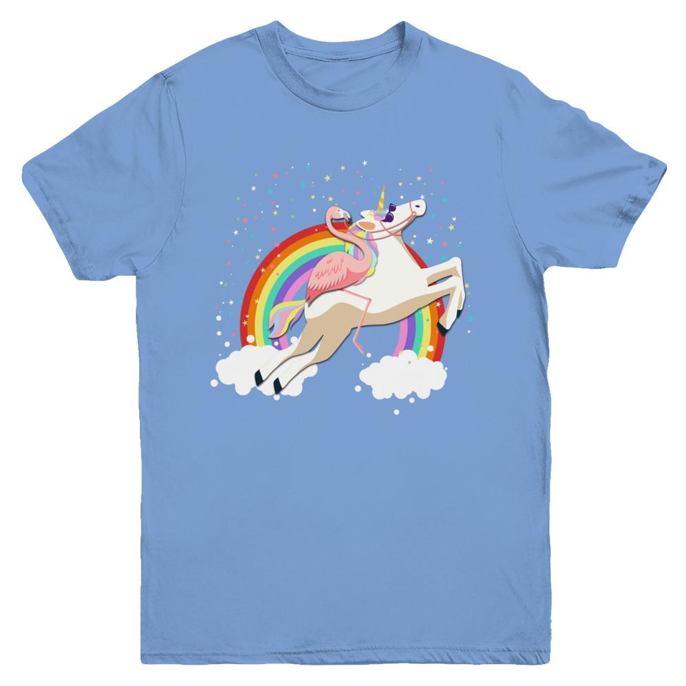 Flamingo Pink Bird Riding Unicorn Youth-Youth Shirt-Youth T-Shirt-Carolina Blue